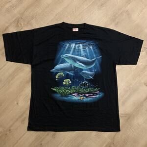 Vintage 90s Wild Gear Dolphins Fish T-Shirt Mens 2XL XXL Animal Nature Black Tee
